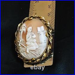 Antique Victorian Shell Cameo Brooch Gold Gilded Pendant Hand Carved Saint Angel