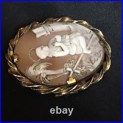 Antique Victorian Shell Cameo Brooch Gold Gilded Pendant Hand Carved Saint Angel