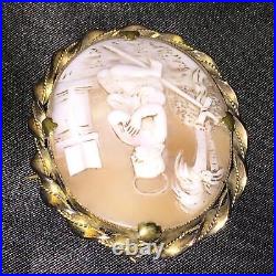Antique Victorian Shell Cameo Brooch Gold Gilded Pendant Hand Carved Saint Angel