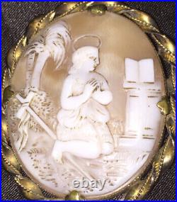 Antique Victorian Shell Cameo Brooch Gold Gilded Pendant Hand Carved Saint Angel