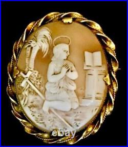 Antique Victorian Shell Cameo Brooch Gold Gilded Pendant Hand Carved Saint Angel