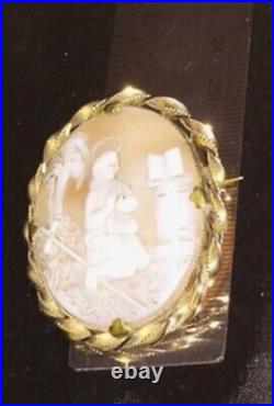 Antique Victorian Shell Cameo Brooch Gold Gilded Pendant Hand Carved Saint Angel
