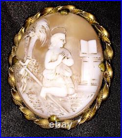 Antique Victorian Shell Cameo Brooch Gold Gilded Pendant Hand Carved Saint Angel