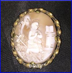 Antique Victorian Shell Cameo Brooch Gold Gilded Pendant Hand Carved Saint Angel