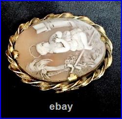 Antique Victorian Shell Cameo Brooch Gold Gilded Pendant Hand Carved Saint Angel