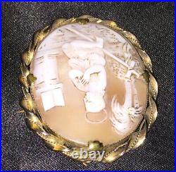 Antique Victorian Shell Cameo Brooch Gold Gilded Pendant Hand Carved Saint Angel