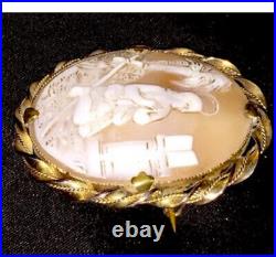 Antique Victorian Shell Cameo Brooch Gold Gilded Pendant Hand Carved Saint Angel