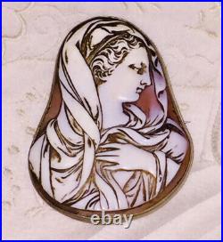 Antique Victorian Shell Cameo Brooch Gold Gilded Pendant Hand Carved Saint Angel