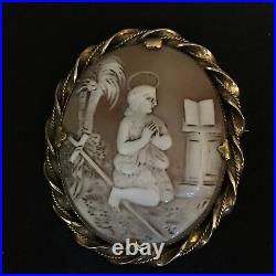 Antique Victorian Shell Cameo Hand Carved Pendant Brooch Gold Gilded Saint Angel