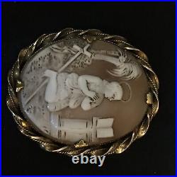 Antique Victorian Shell Cameo Hand Carved Pendant Brooch Gold Gilded Saint Angel