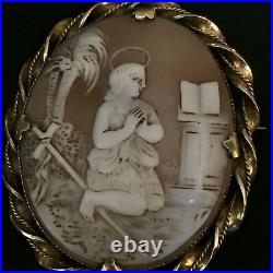 Antique Victorian Shell Cameo Hand Carved Pendant Brooch Gold Gilded Saint Angel