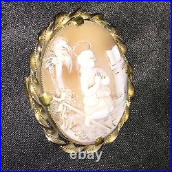 Antique Victorian Shell Cameo Hand Carved Pendant Brooch Gold Gilded Saint Angel