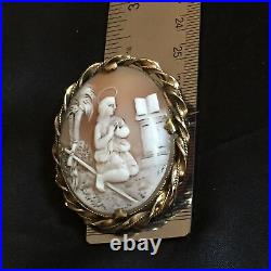 Antique Victorian Shell Cameo Hand Carved Pendant Brooch Gold Gilded Saint Angel