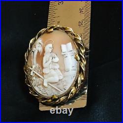 Antique Victorian Shell Cameo Hand Carved Pendant Brooch Gold Gilded Saint Angel