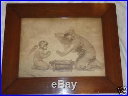 Antique Victorian Signed Aubert Lady Cherub Warming Hands Print Original Old