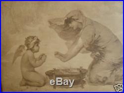 Antique Victorian Signed Aubert Lady Cherub Warming Hands Print Original Old