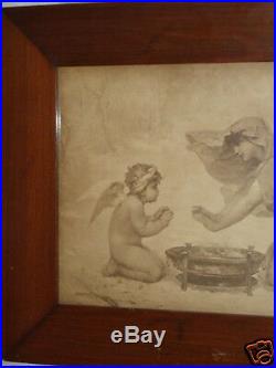 Antique Victorian Signed Aubert Lady Cherub Warming Hands Print Original Old
