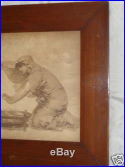 Antique Victorian Signed Aubert Lady Cherub Warming Hands Print Original Old