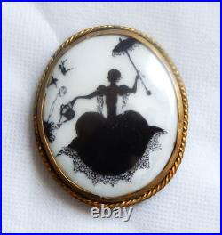 Antique Victorian Silhouette Cameo Portrait Brooch Hand Painted Luster Pin Lady