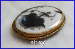 Antique Victorian Silhouette Cameo Portrait Brooch Hand Painted Luster Pin Lady