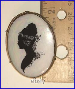 Antique Victorian Silhouette Cameo Portrait Brooch Hand Painted Luster Pin Lady