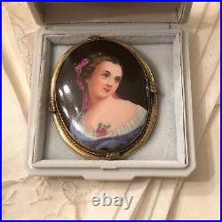Antique Victorian Silhouette Cameo Portrait Brooch Hand Painted Luster Pin Lady