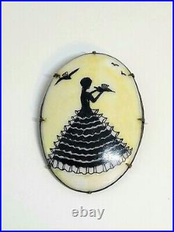 Antique Victorian Silhouette Portrait Brooch Hand Painted Luster Cameo Pin