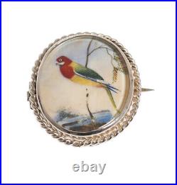 Antique Victorian Silver Brooch With Hand Painted Exotic Bird Miniature c. 1880