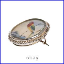 Antique Victorian Silver Brooch With Hand Painted Exotic Bird Miniature c. 1880