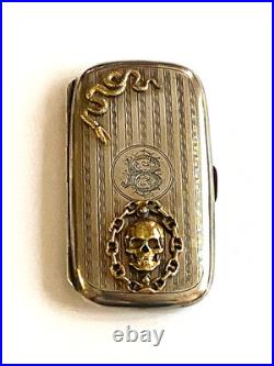 Antique Victorian Silver Gilded Hand Curved Memento Mori Skull Snake Pill Box