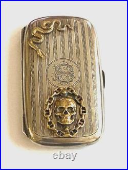 Antique Victorian Silver Gilded Hand Curved Memento Mori Skull Snake Pill Box