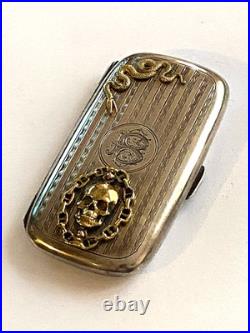 Antique Victorian Silver Gilded Hand Curved Memento Mori Skull Snake Pill Box