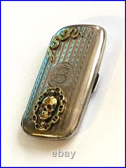 Antique Victorian Silver Gilded Hand Curved Memento Mori Skull Snake Pill Box
