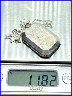 Antique Victorian Silver Hand Engraved Picture Locket Pendant Necklace 11.8g