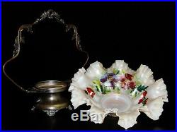 Antique Victorian Silver Plate Brides Basket with Hand painted Crest Ruffle bowl