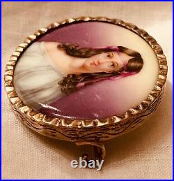 Antique Victorian Silver Portrait Brooch Hand Painted Porcelain Cameo Pin Vtg