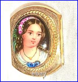 Antique Victorian Silver Portrait Lady Brooch Cameo Choker Pin Hand Painted Rare