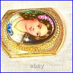 Antique Victorian Silver Portrait Lady Brooch Cameo Choker Pin Hand Painted Rare