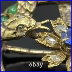 Antique Victorian Snake Brooch 18k Gold Emerald, Sapphire & Rose Cut Diamonds