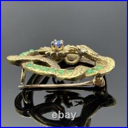 Antique Victorian Snake Brooch 18k Gold Emerald, Sapphire & Rose Cut Diamonds