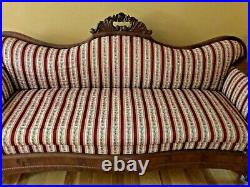 Antique Victorian Sofa Hand Carved Wood, Re-upholstered Pristine