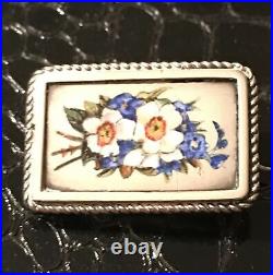 Antique Victorian Sterling Silver Enamel Floral Petite Mourning Brooch Pin