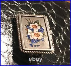 Antique Victorian Sterling Silver Enamel Floral Petite Mourning Brooch Pin