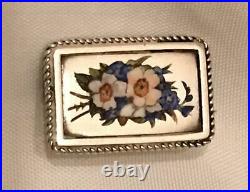 Antique Victorian Sterling Silver Enamel Floral Petite Mourning Brooch Pin