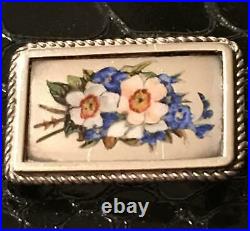 Antique Victorian Sterling Silver Enamel Floral Petite Mourning Brooch Pin