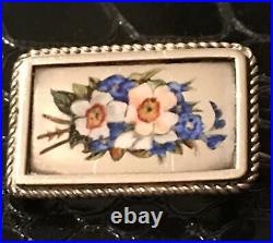 Antique Victorian Sterling Silver Enamel Floral Petite Mourning Brooch Pin