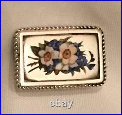Antique Victorian Sterling Silver Enamel Floral Petite Mourning Brooch Pin