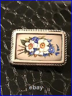 Antique Victorian Sterling Silver Enamel Floral Petite Mourning Brooch Pin