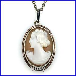 Antique Victorian Sterling Silver Hand Carved Shell Cameo Pendant Necklace 16