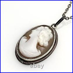 Antique Victorian Sterling Silver Hand Carved Shell Cameo Pendant Necklace 16